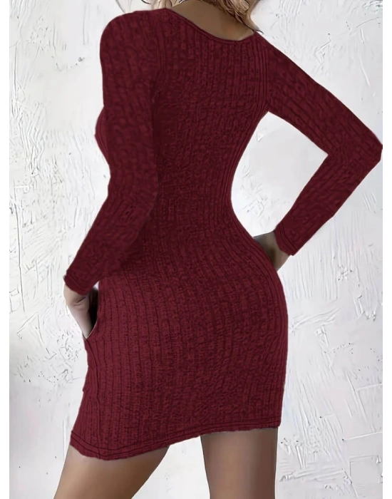 Kadın Uzun Kollu Yakası Açık Düğme Ve Cep Detaylı Kısa şardonlu Kaşkorse Elbise