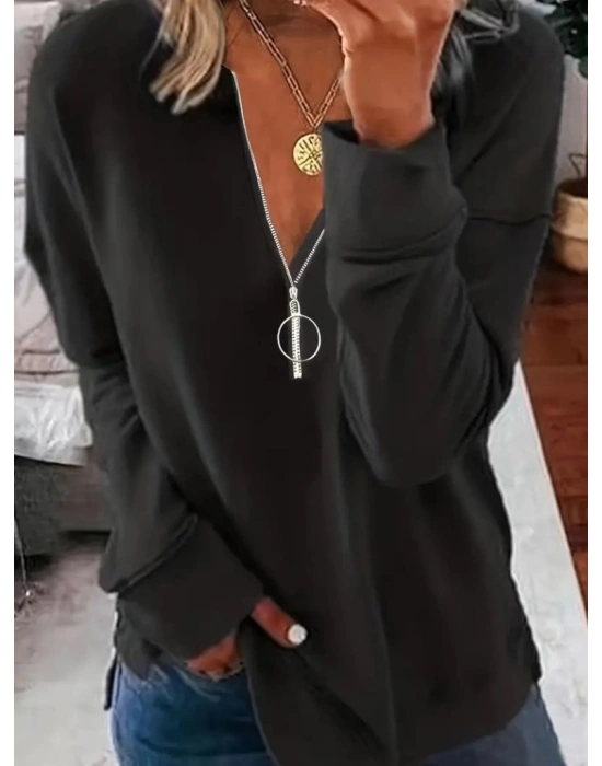 Kadın Uzun Kollu Yakası Açık Fermuarlı Viskon Bluz