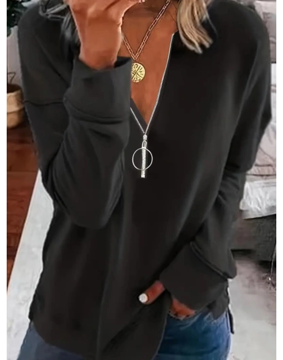 Kadın Uzun Kollu Yakası Açık Fermuarlı Viskon Bluz