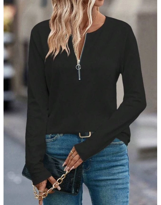 Kadın Uzun Kollu Yakası Açık Fermuarlı Viskon Bluz