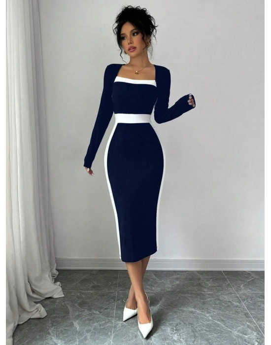 Kadın Uzun Kollu Yakası Açık Midi Ithal Krep Elbise