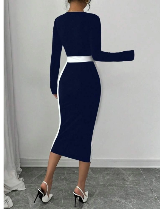 Kadın Uzun Kollu Yakası Açık Midi Ithal Krep Elbise