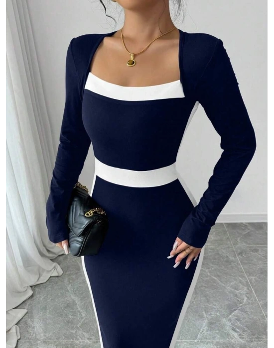 Kadın Uzun Kollu Yakası Açık Midi Ithal Krep Elbise