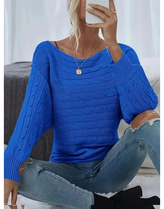 Kadın Uzun Kollu Yakası Açık Saç örgü Desenli Triko Bluz