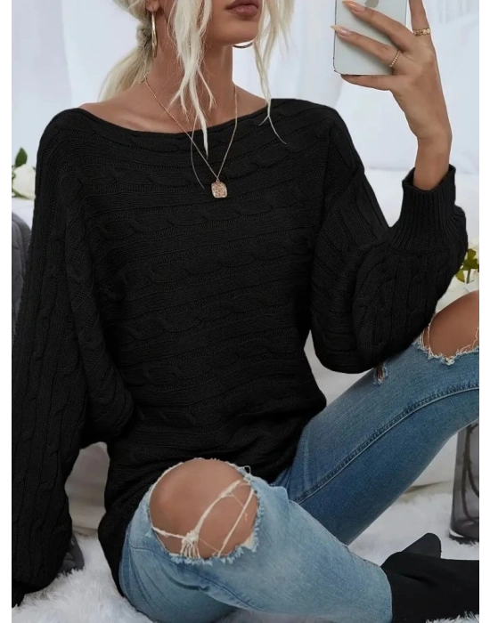Kadın Uzun Kollu Yakası Açık Saç örgü Desenli Triko Bluz