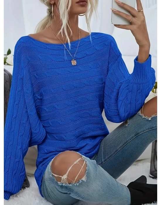 Kadın Uzun Kollu Yakası Açık Saç örgü Desenli Triko Bluz