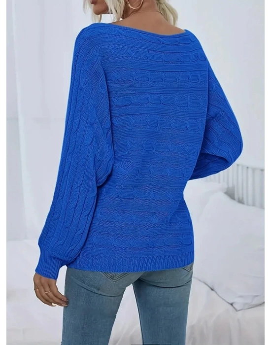 Kadın Uzun Kollu Yakası Açık Saç örgü Desenli Triko Bluz