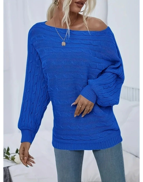 Kadın Uzun Kollu Yakası Açık Saç örgü Desenli Triko Bluz