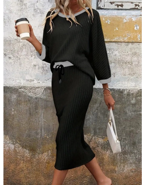 Kadın Uzun Kollu Yakası Açık şardonlu Kaşkorse Bluz Ve Eteği Bağcıklı Ikili Takım