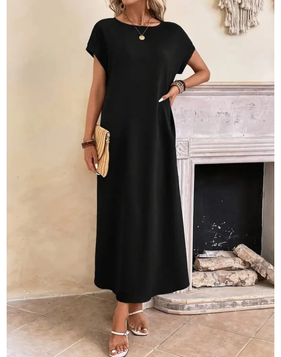 Kadın Uzun Kollu Yakası Açık Viskon Elbise