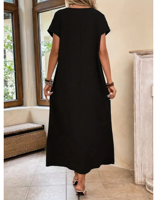 Kadın Uzun Kollu Yakası Açık Viskon Elbise