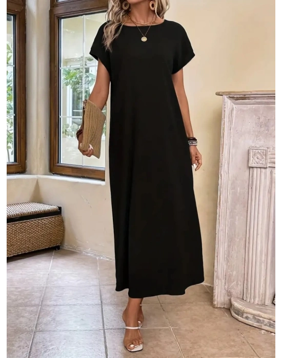 Kadın Uzun Kollu Yakası Açık Viskon Elbise