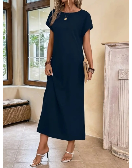 Kadın Uzun Kollu Yakası Açık Viskon Elbise