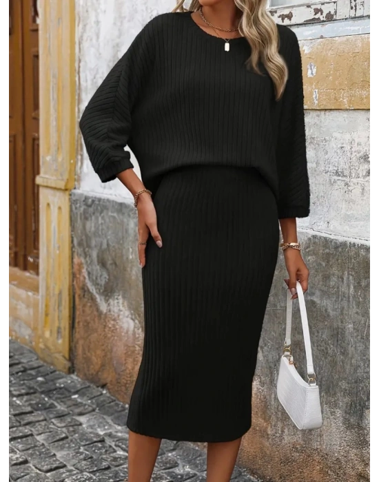 Kadın Uzun Kollu Yakası Açık Yarasa Kollu şardonlu Kaşkorse Bluz Ve Etek Takım