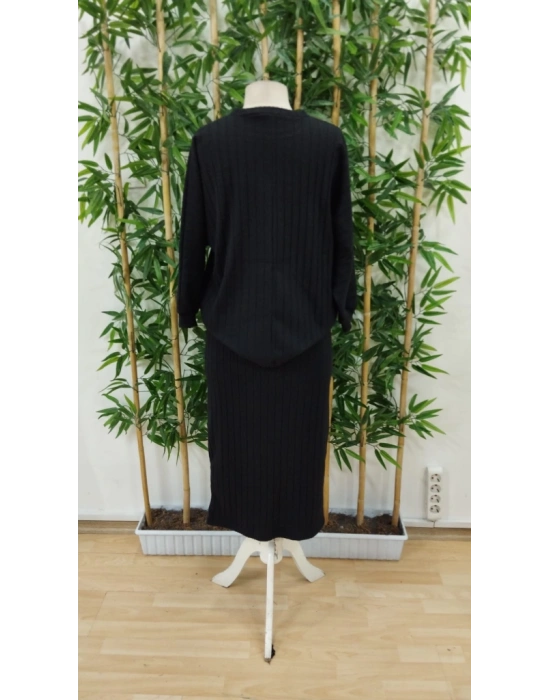 Kadın Uzun Kollu Yakası Açık Yarasa Kollu şardonlu Kaşkorse Bluz Ve Etek Takım