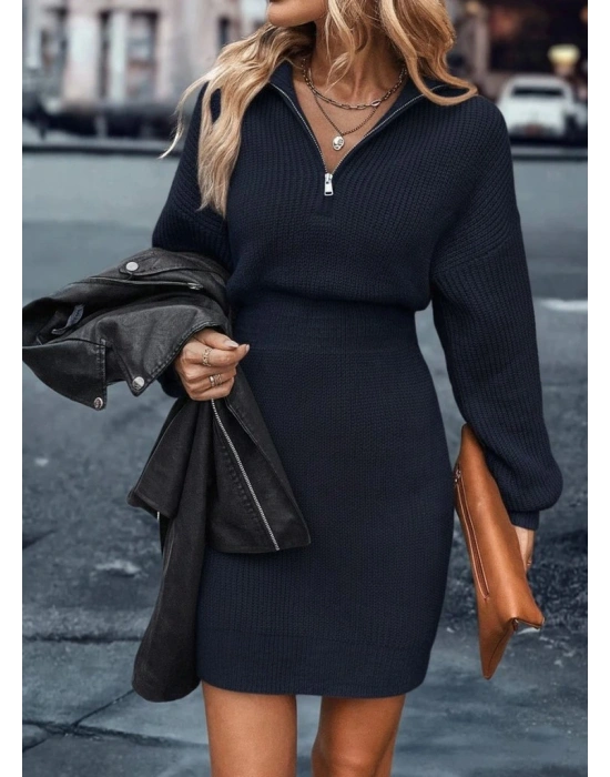 Kadın Uzun Kollu Yakası Fermuarlı Mini Triko Elbise