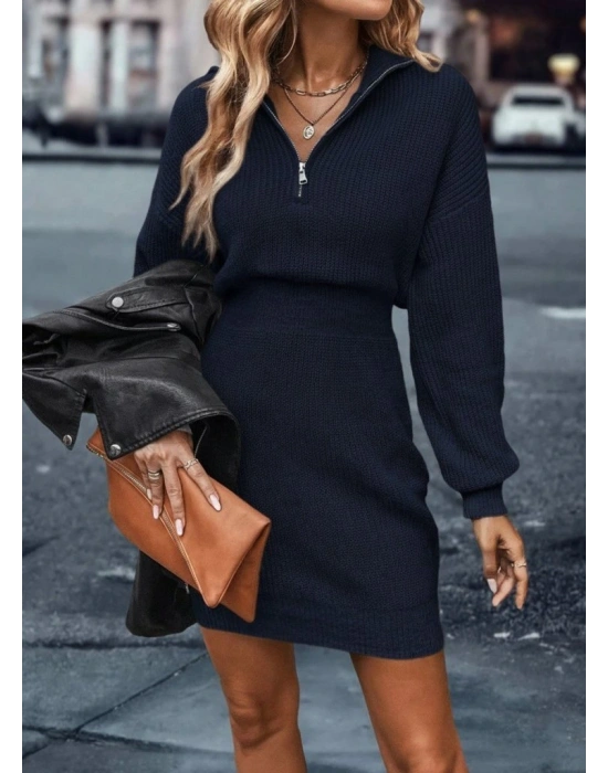 Kadın Uzun Kollu Yakası Fermuarlı Mini Triko Elbise