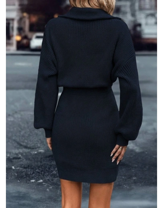 Kadın Uzun Kollu Yakası Fermuarlı Mini Triko Elbise