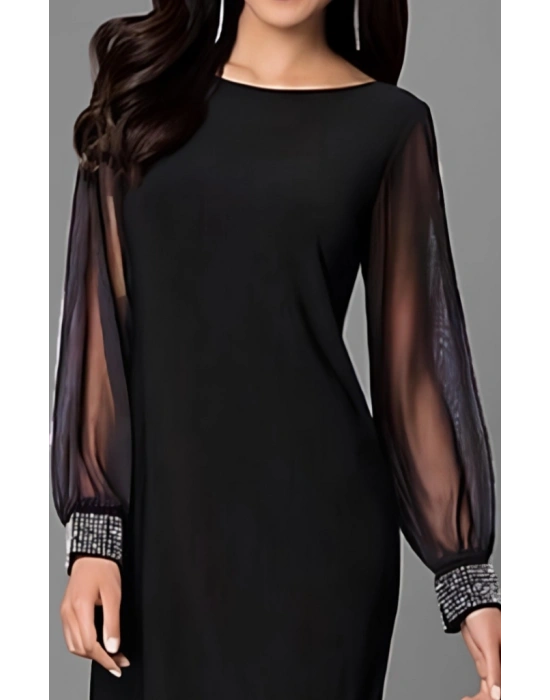 Kadın Uzun Kollu Yakası Yanlardan Hafif Açık Kollar Tül Ve Taş Detay Kısa Krep Elbise