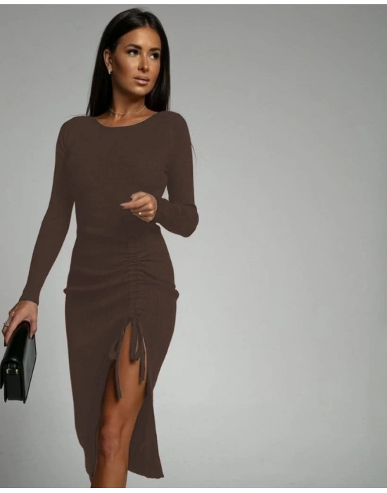 Kadın Uzun Kollu Yandan Büzgülü Yırtmaç Detay Kaşkorse Midi Boy Elbise