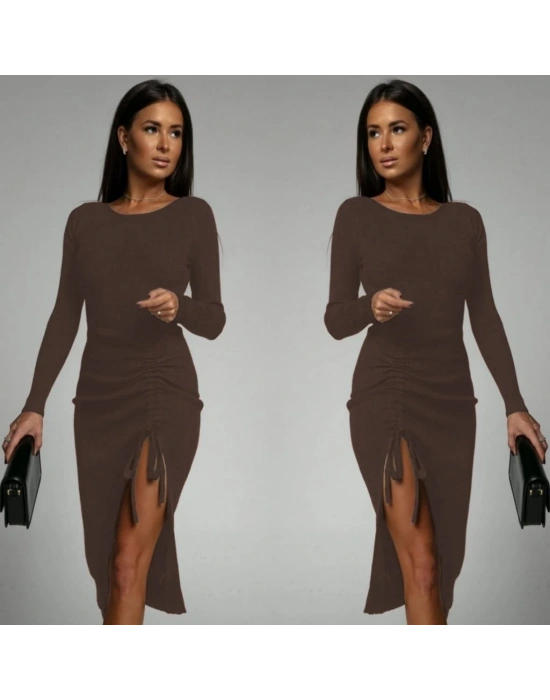 Kadın Uzun Kollu Yandan Büzgülü Yırtmaç Detay Kaşkorse Midi Boy Elbise