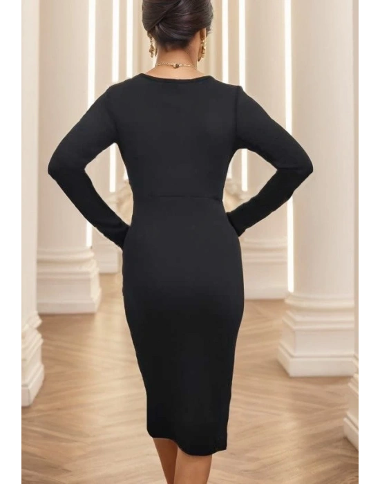 Kadın Uzun Kollu Yandan Büzgülü Yırtmaç Detay Kaşkorse Midi Boy Elbise