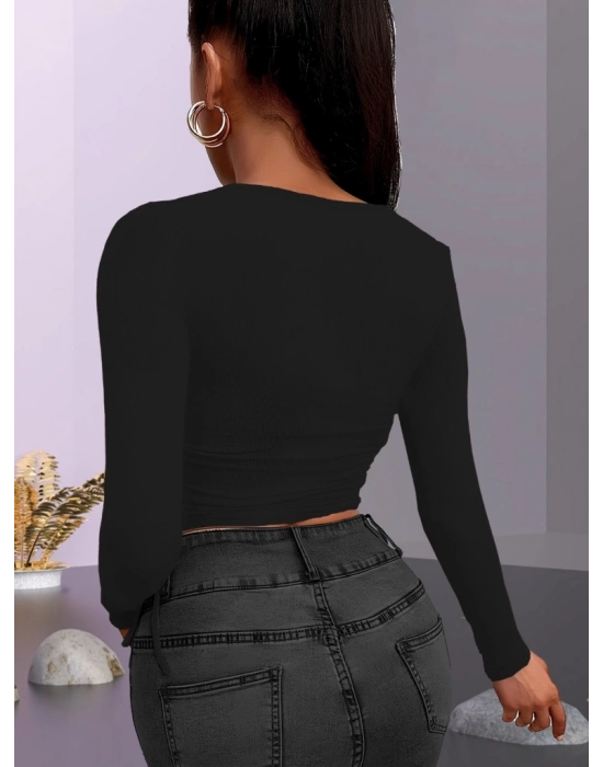 Kadın Uzun Kollu Yanlar Büzgü Detay Kaşkorse Crop