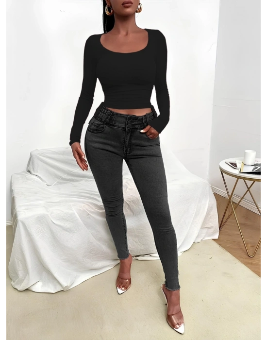 Kadın Uzun Kollu Yanlar Büzgü Detay Kaşkorse Crop