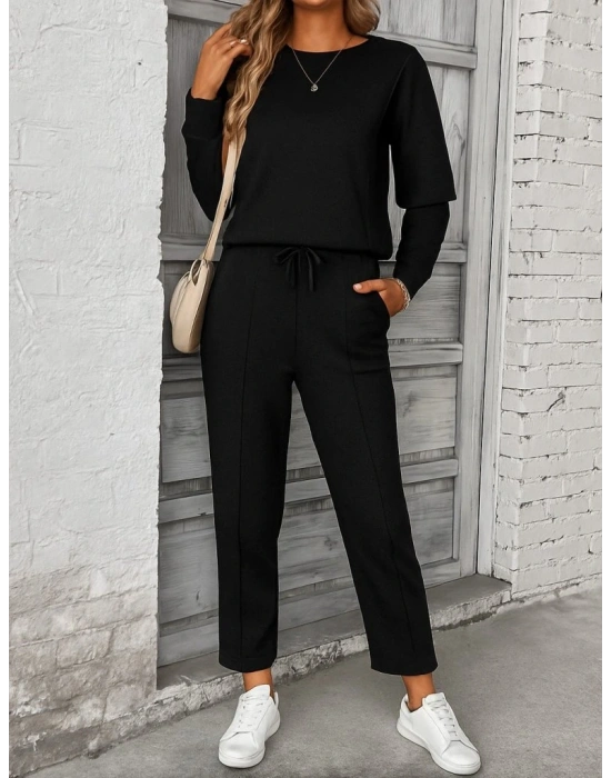 Kadın Uzun Kollu Yanları Nervurlu Viskon Iki Iplik Ve Pantolon Ikili Takım
