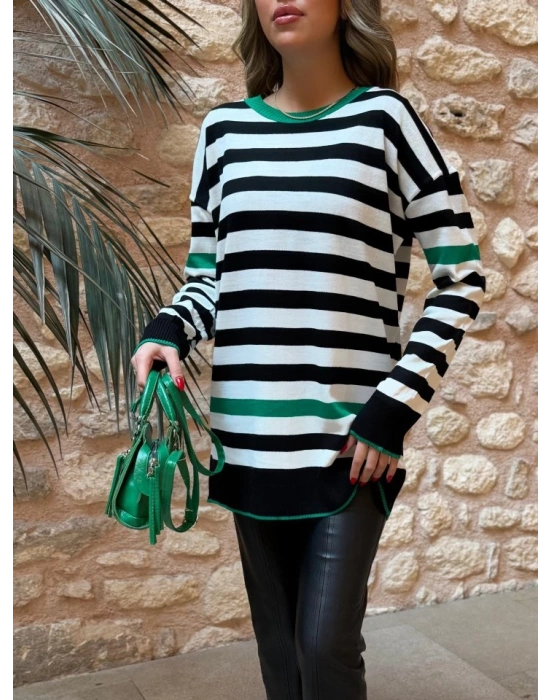 Kadın Uzun Kollu Yarasa Kol şerit Detay Triko Kazak