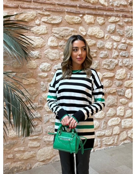 Kadın Uzun Kollu Yarasa Kol şerit Detay Triko Kazak