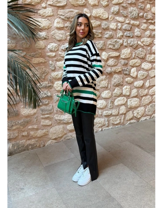 Kadın Uzun Kollu Yarasa Kol şerit Detay Triko Kazak