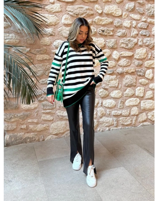 Kadın Uzun Kollu Yarasa Kol şerit Detay Triko Kazak