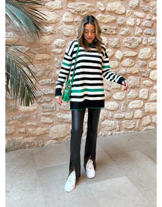 Kadın Uzun Kollu Yarasa Kol şerit Detay Triko Kazak