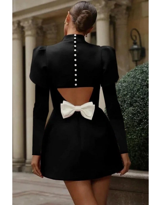 Kadın Uzun Kollu Yarı Balıkçı Yaka Arkadan Kurdela Detaylı Mini Atlas Elbise