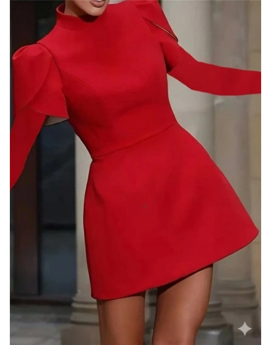 Kadın Uzun Kollu Yarı Balıkçı Yaka Arkadan Kurdela Detaylı Mini Atlas Elbise