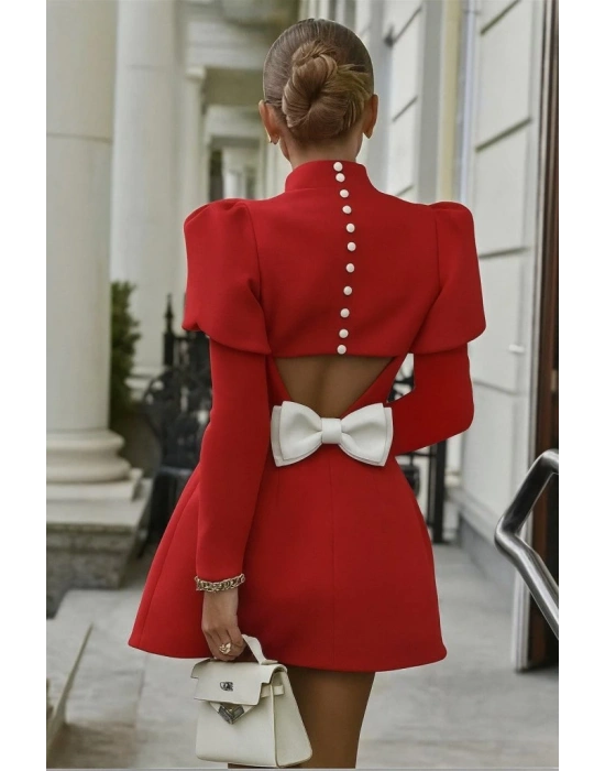 Kadın Uzun Kollu Yarı Balıkçı Yaka Arkadan Kurdela Detaylı Mini Atlas Elbise