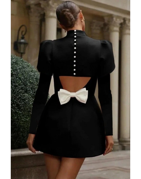 Kadın Uzun Kollu Yarı Balıkçı Yaka Arkadan Kurdela Detaylı Mini Atlas Elbise