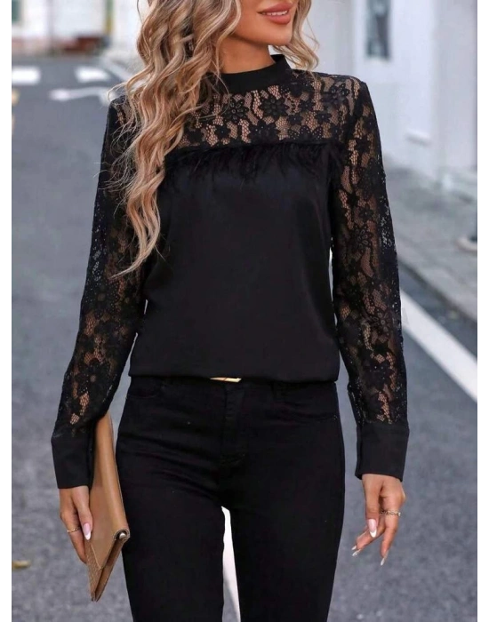 Kadın Uzun Kollu Yarı Balıkçı Yaka Dantelli Sandy Bluz