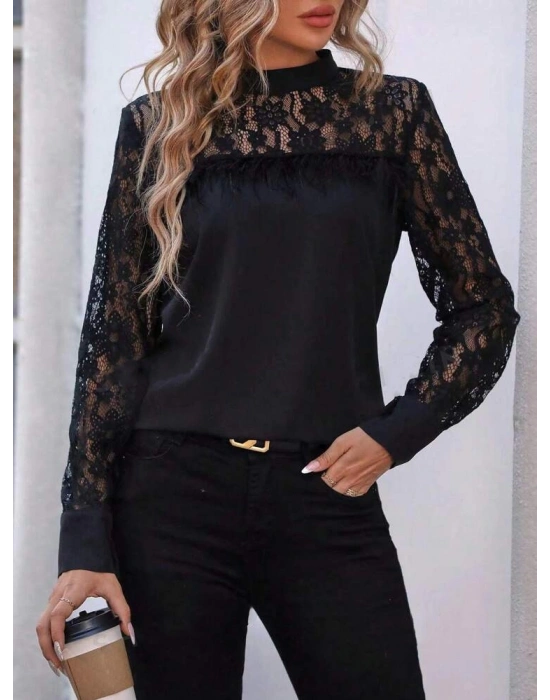 Kadın Uzun Kollu Yarı Balıkçı Yaka Dantelli Sandy Bluz