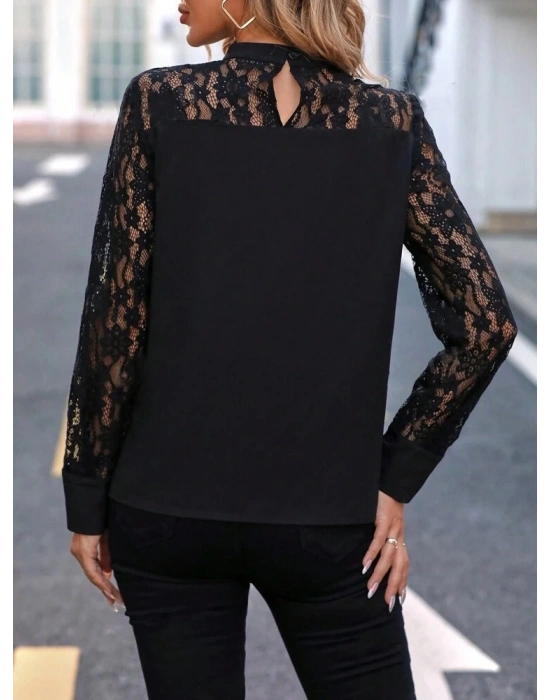 Kadın Uzun Kollu Yarı Balıkçı Yaka Dantelli Sandy Bluz