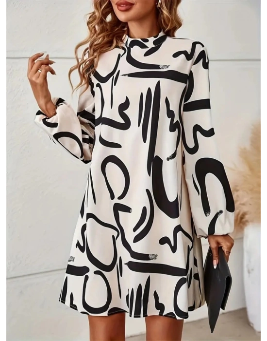 Kadın Uzun Kollu Yarı Balıkçı Yaka Desenli Kısa Dalgıç Elbise