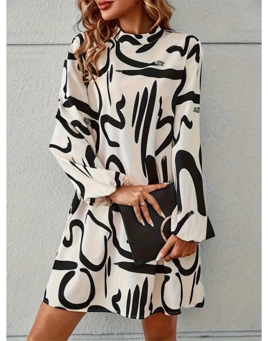 Kadın Uzun Kollu Yarı Balıkçı Yaka Desenli Kısa Dalgıç Elbise