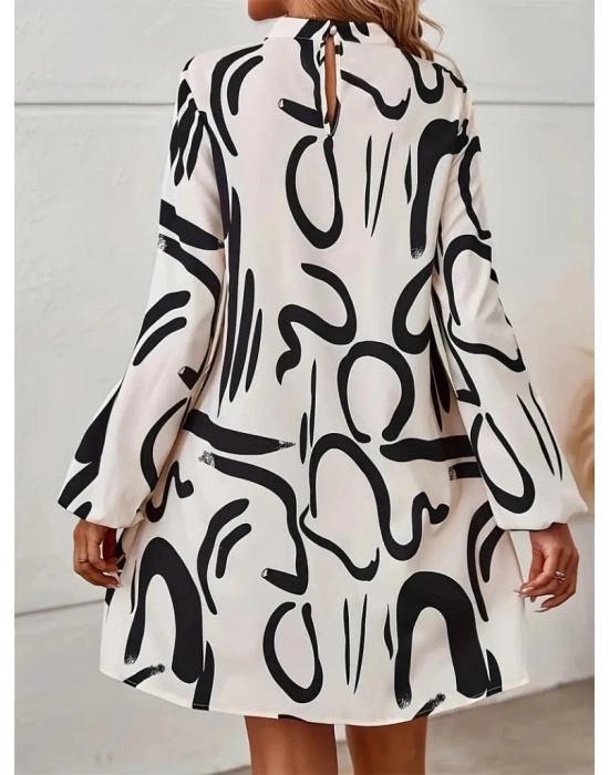 Kadın Uzun Kollu Yarı Balıkçı Yaka Desenli Kısa Dalgıç Elbise