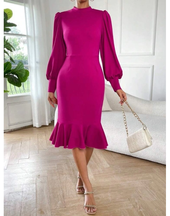 Kadın Uzun Kollu Yarı Balıkçı Yaka Etek Ucu Fırfır Detaylı Midi Ithal Krep Elbise