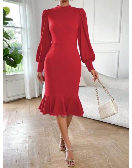 Kadın Uzun Kollu Yarı Balıkçı Yaka Etek Ucu Fırfır Detaylı Midi Ithal Krep Elbise