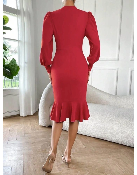 Kadın Uzun Kollu Yarı Balıkçı Yaka Etek Ucu Fırfır Detaylı Midi Ithal Krep Elbise