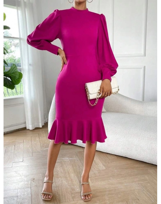 Kadın Uzun Kollu Yarı Balıkçı Yaka Etek Ucu Fırfır Detaylı Midi Ithal Krep Elbise