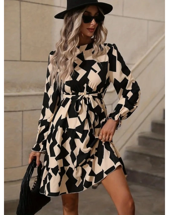 Kadın Uzun Kollu Yarı Balıkçı Yaka Geometrik Desen Kısa şardonlu Dalgıç Elbise