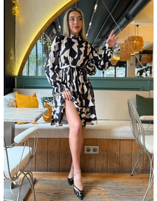 Kadın Uzun Kollu Yarı Balıkçı Yaka Geometrik Desen Kısa şardonlu Dalgıç Elbise